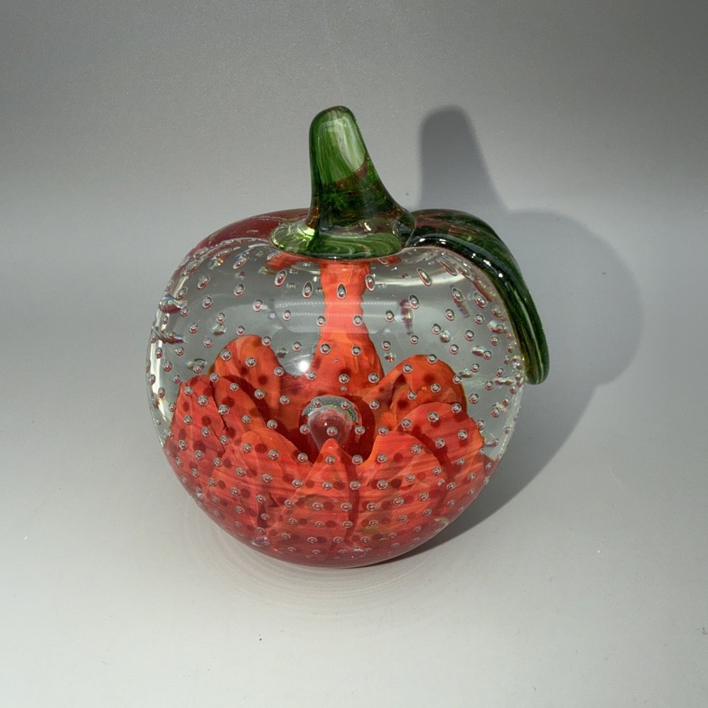Joe St Clair Art Glass Apple Paperweight Red Lobed Core Controlled Bubbles